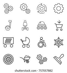 Thin line icon set : gear, around, hoverboard, lunar rover, add to cart, delivery, baby stroller, invalid, handwheel, wheel, wheelbarrow, gears, scraper
