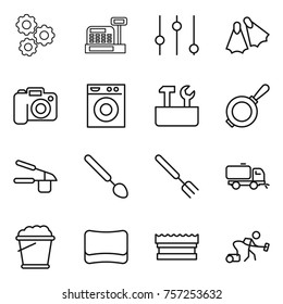 Thin line icon set : gear, cashbox, equalizer, flippers, camera, washing machine, repair tools, pan, garlic clasp, big spoon, fork, sweeper, foam bucket, sponge, vacuum cleaner