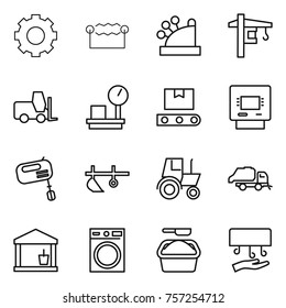 Thin line icon set : gear, electrostatic, cashbox, tower crane, fork loader, warehouse scales, transporter tape, atm, mixer, plow, tractor, trash truck, utility room, washing machine, powder