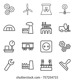 Thin line icon set : gear, windmill, nuclear power, laser, hangare, factory, fork loader, warehouse scales, railroad shipping, socket, gears, wrench, skysrcapers cleaning, scraper