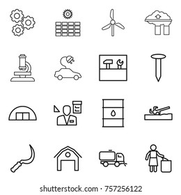 Thin line icon set : gear, sun power, windmill, factory filter, microscope, electric car, tools, nail, hangare, architector, barrel, soil cutter, sickle, barn, sweeper, garbage bin