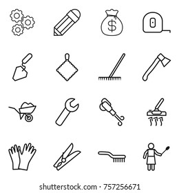 Thin line icon set : gear, pencil, money bag, measuring tape, construction, rag, rake, axe, wheelbarrow, wrench, blower, vacuum cleaner, gloves, clothespin, brush, woman with duster