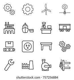 Thin line icon set : gear, windmill, laser, factory, port, customs control, railroad shipping, transporter tape, power socket, table, gears, wrench, water pump, skyscrapers cleaning