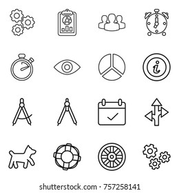 Thin Line Icon Set : Gear, Report, Group, Alarm Clock, Stopwatch, Eye, Diagram, Info, Draw Compass, Drawing Compasses, Terms, Route, Dog, Lifebuoy, Wheel, Gears