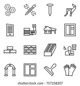Thin line icon set : gear, pencil wrench, nail, greate wall, skyscraper, mall, house with garage, window, block, brick, architector, arch, scraper, gloves