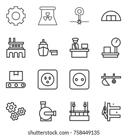 Thin line icon set : gear, nuclear power, laser, hangare, factory, port, customs control, warehouse scales, transporter tape, socket, plow, gears, water pump, skysrcapers cleaning, skyscrapers