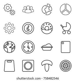 Thin line icon set : gear, group, circle diagram, round around, info, donut, baby stroller, globe, watch, washing, cutting board, ring button, mushroom, wheel