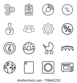 Thin line icon set : gear, report, circle diagram, percent, round flask, group, around, info, donut, baby stroller, bridge, globe, cutting board, ring button, grill oven