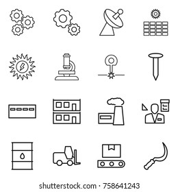 Thin line icon set : gear, satellite antenna, sun power, microscope, laser, nail, bunker, modular house, factory, architector, barrel, fork loader, transporter tape, sickle