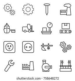Thin line icon set : gear, nail, factory, port, fork loader, warehouse scales, transporter tape, power socket, plow, gears, wrench, water pump, skysrcapers cleaning