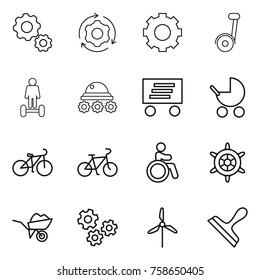 Thin line icon set : gear, around, segway, hoverboard, lunar rover, delivery, baby stroller, bike, invalid, handwheel, wheelbarrow, gears, windmill, scraper