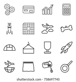 Thin line icon set : gear, card, diagram, calculator, dna modify, cpu, journey, bone, greenhouse, loading crane, fragile, rocket, plane shipping, curtain, mixer, pan