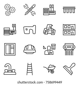 Thin line icon set : gear, pencil wrench, store, bridge, mall, slum, modern architecture, modular house, window, building helmet, architector, antique column, water tap, stairs, wheelbarrow, scraper