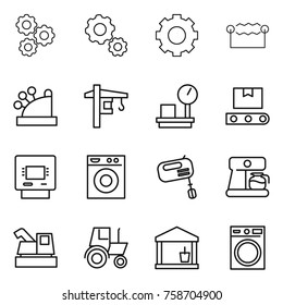 Thin line icon set : gear, electrostatic, cashbox, tower crane, warehouse scales, transporter tape, atm, washing machine, mixer, coffee maker, harvester, tractor, utility room