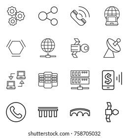 Thin line icon set : gear, share, call, notebook globe, hex molecule, connect, satellite, antenna, server, mobile pay, phone, bridge