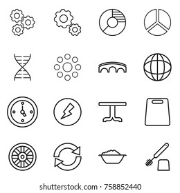 Thin line icon set : gear, circle diagram, dna, round around, bridge, globe, watch, electricity, table, cutting board, wheel, reload, foam basin, toilet brush