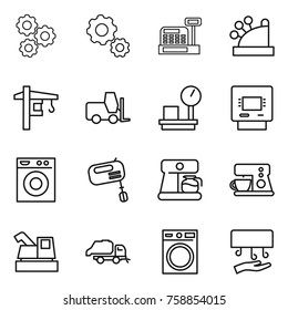 Thin line icon set : gear, cashbox, tower crane, fork loader, warehouse scales, atm, washing machine, mixer, coffee maker, harvester, trash truck, hand dryer