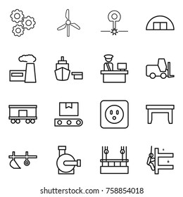 Thin line icon set : gear, windmill, laser, hangare, factory, port, customs control, fork loader, railroad shipping, transporter tape, power socket, table, plow, water pump, skysrcapers cleaning
