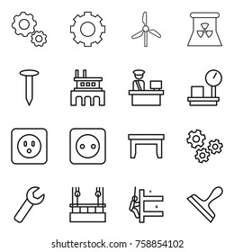 Thin line icon set : gear, windmill, nuclear power, nail, factory, customs control, warehouse scales, socket, table, gears, wrench, skysrcapers cleaning, skyscrapers, scraper