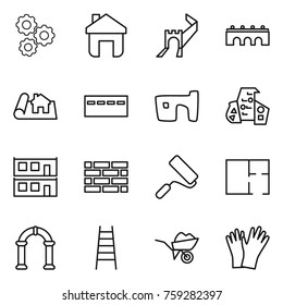 Thin line icon set : gear, home, greate wall, bridge, project, bunker, slum, modern architecture, modular house, brick, repair, plan, arch, stairs, wheelbarrow, gloves