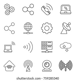 Thin line icon set : gear, share, call, notebook, molecule, globe connect, satellite antenna, wireless, server, cloude service, home, web cam