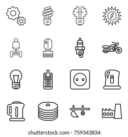 Thin line icon set : gear, bulb, brain, sun power, hoverboard, crystall memory, spark plug, motorcycle, remote control, socket, kettle, pancakes, plow, factory
