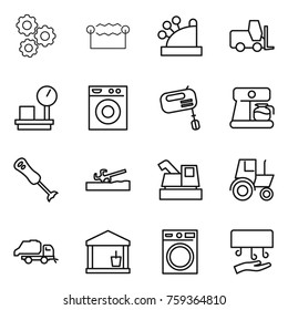Thin line icon set : gear, electrostatic, cashbox, fork loader, warehouse scales, washing machine, mixer, coffee maker, blender, soil cutter, harvester, tractor, trash truck, utility room