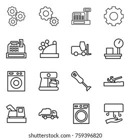 Thin line icon set : gear, cashbox, fork loader, warehouse scales, washing machine, coffee maker, blender, soil cutter, harvester, trash truck, hand dryer