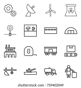 Thin line icon set : gear, satellite antenna, windmill, nuclear power, laser, tools, bunker, hangare, factory, measuring tape, railroad shipping, transporter, plow, soil cutter, sweeper, garbage bin