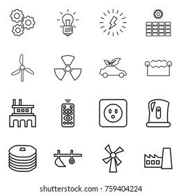 Thin line icon set : gear, bulb, lightning, sun power, windmill, nuclear, eco car, electrostatic, factory, remote control, socket, kettle, pancakes, plow