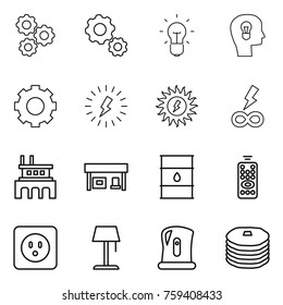 Thin line icon set : gear, bulb, head, lightning, sun power, infinity, factory, gas station, barrel, remote control, socket, floor lamp, kettle, pancakes