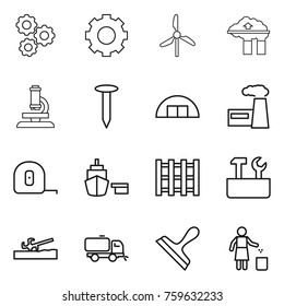 Thin line icon set : gear, windmill, factory filter, microscope, nail, hangare, measuring tape, port, pallet, repair tools, soil cutter, sweeper, scraper, garbage bin