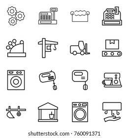 Thin line icon set : gear, cashbox, electrostatic, tower crane, fork loader, transporter tape, washing machine, mixer, coffee maker, plow, utility room, hand dryer