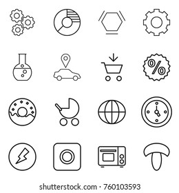 Thin line icon set : gear, circle diagram, hex molecule, round flask, car pointer, add to cart, percent, donut, baby stroller, globe, watch, electricity, ring button, grill oven, mushroom
