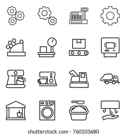 Thin line icon set : gear, cashbox, warehouse scales, transporter tape, atm, coffee maker, harvester, trash truck, utility room, washing machine, powder, hand dryer