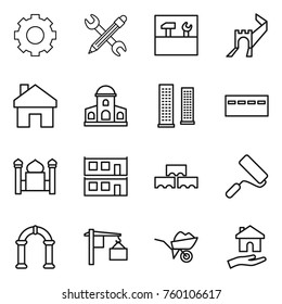 Thin line icon set : gear, pencil wrench, tools, greate wall, home, mansion, skyscrapers, bunker, minaret, modular house, block, repair, arch, loading, wheelbarrow, housing