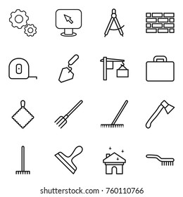 Thin line icon set : gear, monitor arrow, draw compass, brick wall, measuring tape, construction, loading, suitcase, rag, fork, rake, axe, scraper, house cleaning, brush
