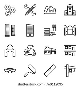 Thin line icon set : gear, pencil wrench, project, mansion, skyscrapers, skyscraper, mall, minaret, modern architecture, house with garage, modular, bridge, repair, level, tower crane