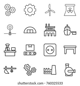 Thin line icon set : gear, windmill, nuclear power, laser, hangare, factory, port, customs control, transporter tape, socket, table, plow, gears, water pump