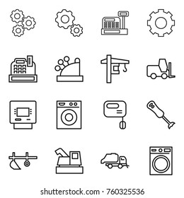 Thin line icon set : gear, cashbox, tower crane, fork loader, atm, washing machine, mixer, blender, plow, harvester, trash truck