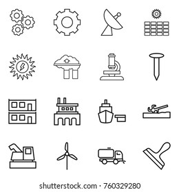 Thin line icon set : gear, satellite antenna, sun power, factory filter, microscope, nail, modular house, port, soil cutter, harvester, windmill, sweeper, scraper