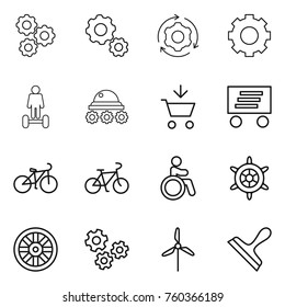 Thin line icon set : gear, around, hoverboard, lunar rover, add to cart, delivery, bike, invalid, handwheel, wheel, gears, windmill, scraper