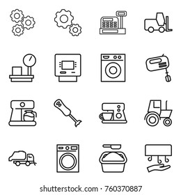 Thin line icon set : gear, cashbox, fork loader, warehouse scales, atm, washing machine, mixer, coffee maker, blender, tractor, trash truck, powder, hand dryer
