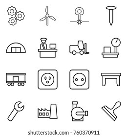 Thin line icon set : gear, windmill, laser, nail, hangare, customs control, fork loader, warehouse scales, railroad shipping, power socket, table, wrench, factory, water pump, scraper