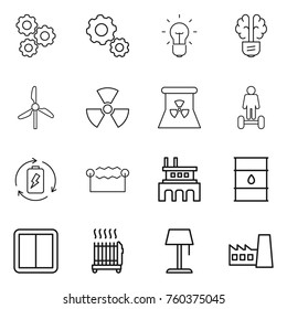 Thin line icon set : gear, bulb, brain, windmill, nuclear, power, hoverboard, battery charge, electrostatic, factory, barrel, switch, radiator, floor lamp