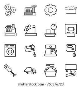 Thin line icon set : gear, cashbox, electrostatic, warehouse scales, atm, washing machine, mixer, coffee maker, blender, trash truck, powder, hand dryer