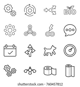 Thin line icon set : gear, around, core splitting, bio, round, spinner, infinity power, balloon, terms, route, dog, barometer, gears, hard reach place cleaning, toilet paper, towel