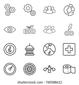 Thin line icon set : gear, group, circle diagram, eye, bio, infinity power, info, goverment house, earth, first aid, barometer, wheel, hard reach place cleaning, toilet paper
