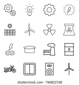 Thin line icon set : gear, bulb, lightning, sun power, windmill, nuclear, infinity, electrostatic, factory, barrel, motorcycle, switch, speaker
