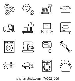 Thin line icon set : gear, cashbox, electrostatic, fork loader, warehouse scales, transporter tape, atm, washing machine, coffee maker, mixer, blender, plow, trash truck, powder